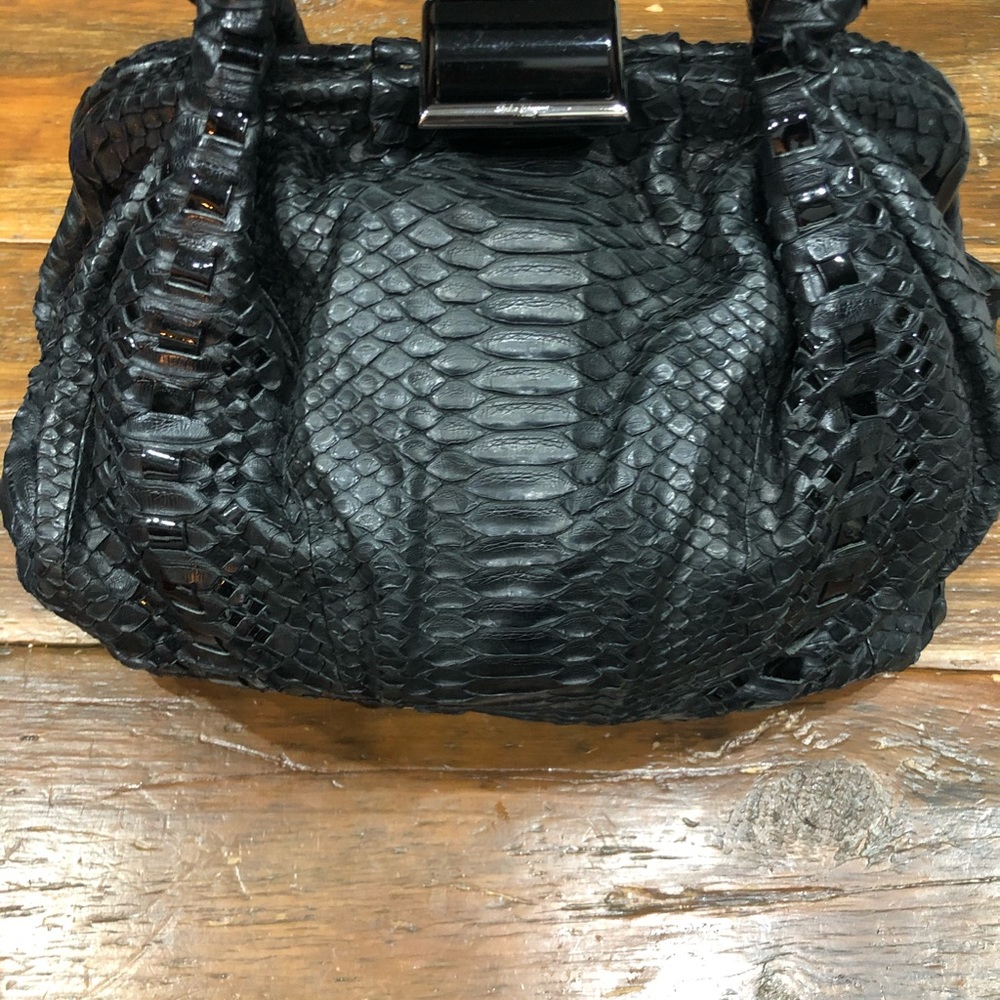 Salvatore Ferragamo Large Black Python Handbag - Picture 2 of 8